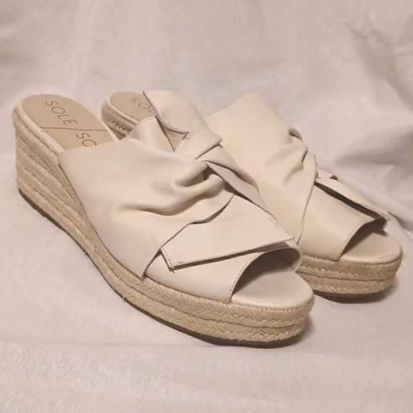 Sole Society Carmina beige leather espadrille wedge open toe sandal size 10 - Picture 1 of 9